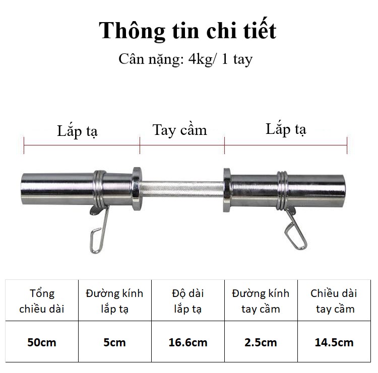 Đòn Tạ Tay Inox Dài 50cm Phi 50mm Nặng 4kg  Chính Hãng Đại Nam Sport + Khóa Kẹp 2 Đầu