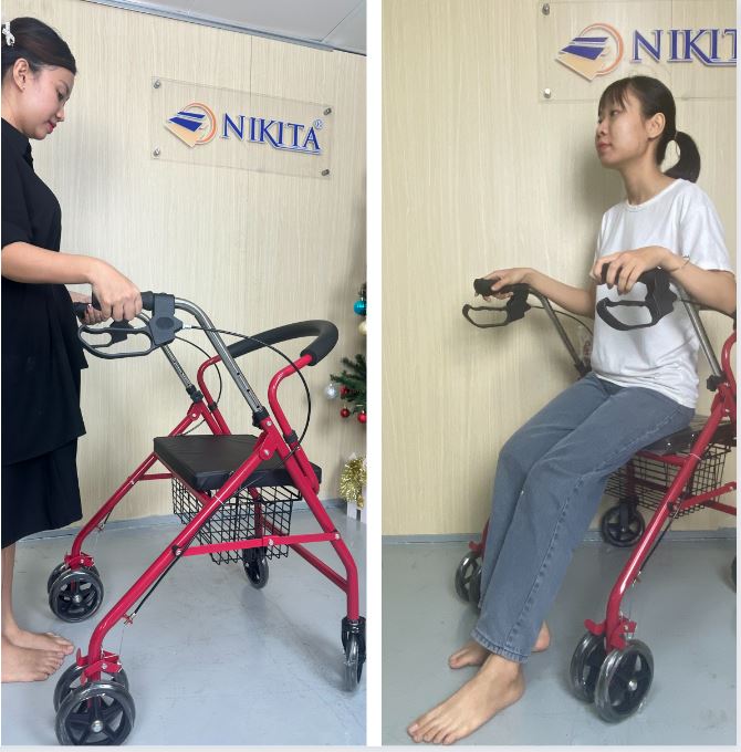 Xe tập đi bốn bánh cho người già có ghế ngồi, có giỏ đựng đồ, gấp gọn khi không sử dụng, chính hãng Nikita