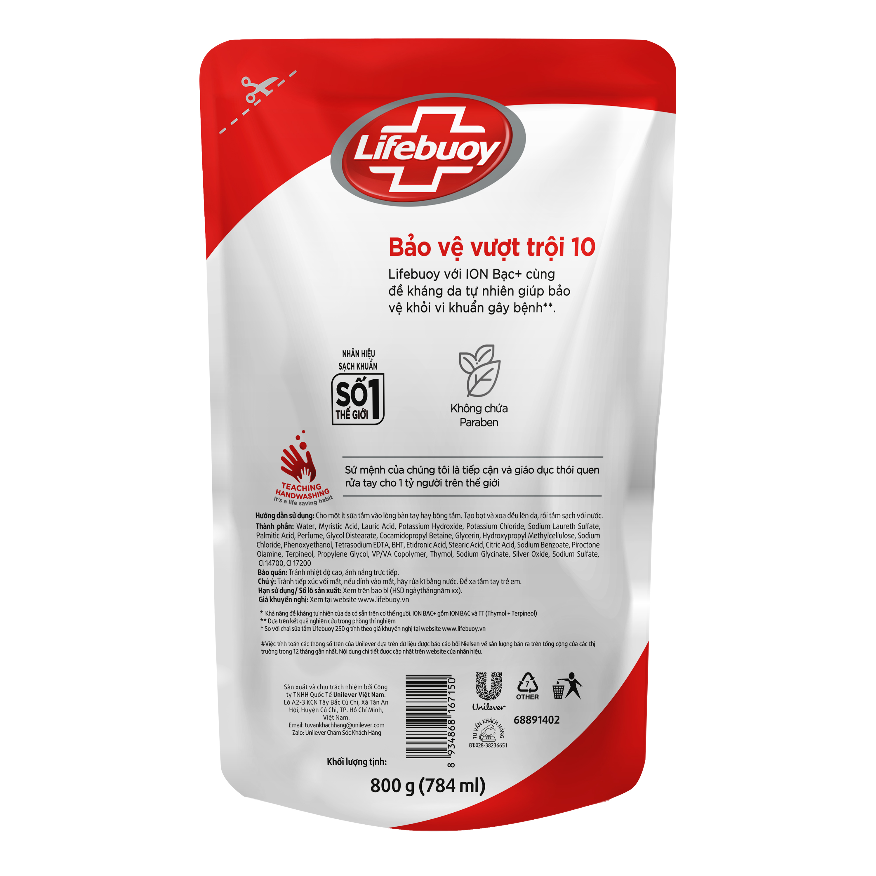 Sữa Tắm Lifebuoy Sạch Khuẩn Bảo Vệ Khỏi 99.9% Vi Khuẩn Chứa Ion Bạc+ Hỗ Trợ Cùng Đề Kháng Da Tự Nhiên Túi 800G