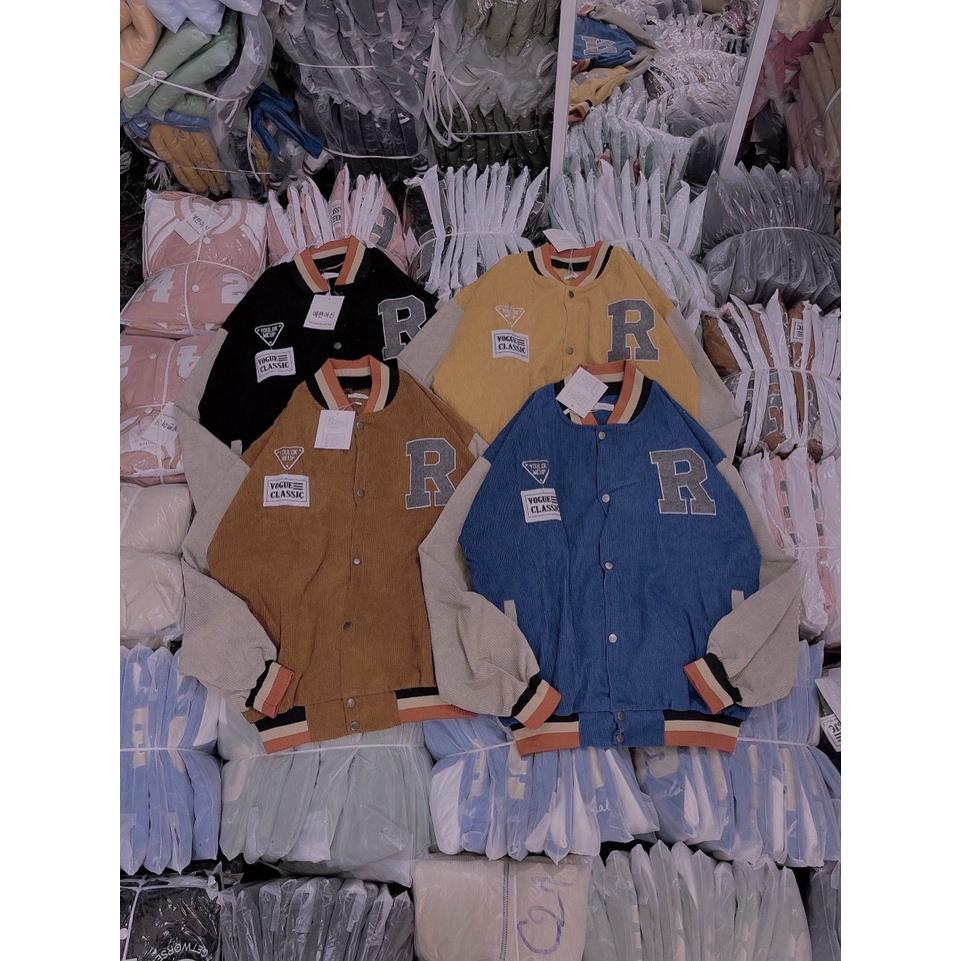 Áo Bomber Nhung Tăm Thêu Logo R Form Unisex Nam Nữ