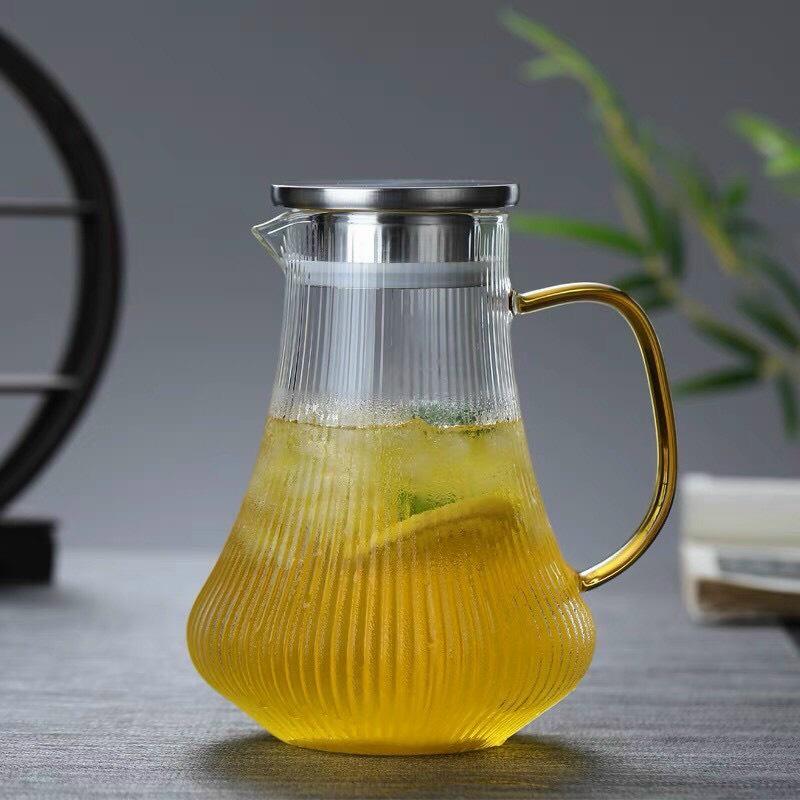 Bộ bình 6 cốc đựng nước uống thủy tinh chịu nhiệt cao cấp vân tăm kèm khay tre