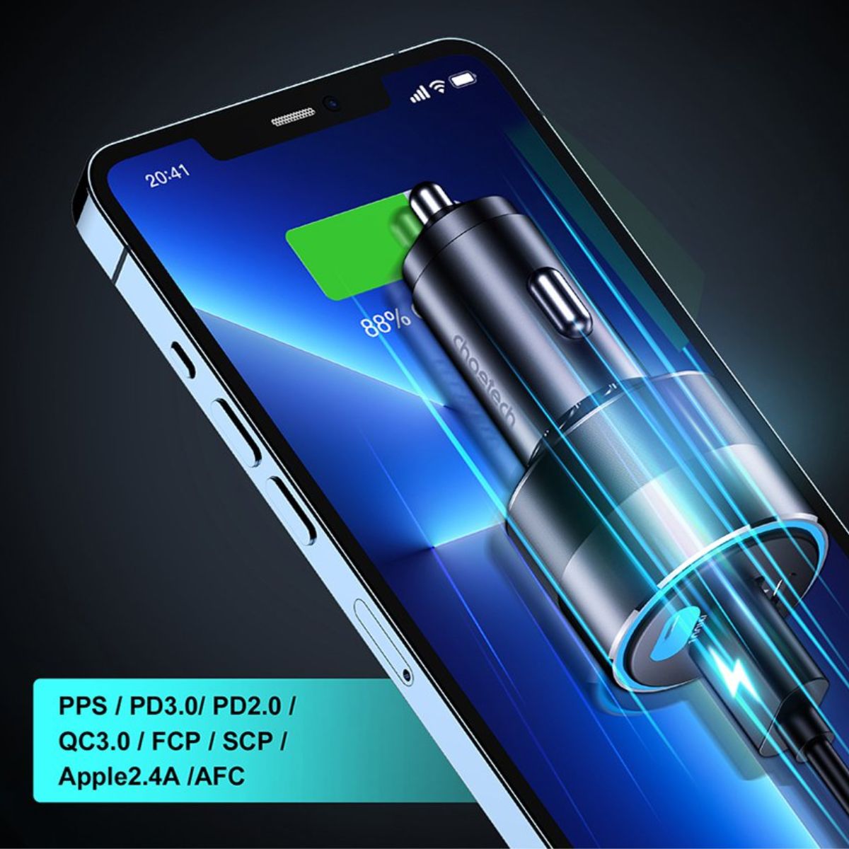 Tẩu sạc Choetech TC0011 nhanh công suất cao 130w  có 2 cổng PD+ 1 cổng USB A dùng trên ô tô (hàng chính hãng)