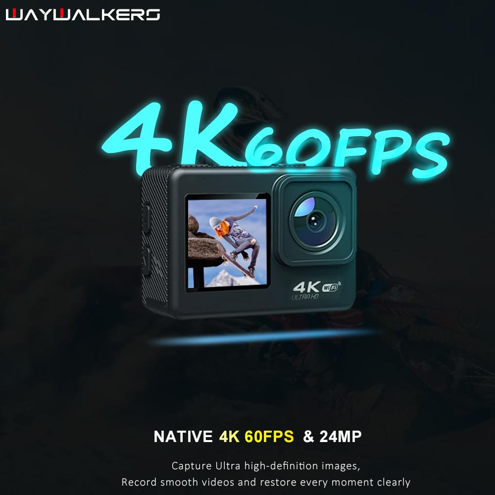 Waywalkers 60fps Camera hành động 4K 24MP LCD 2.0 inch EIS Zoom 4x Quay video Chống nước 30m Đi mũ bảo hiểm thể thao Pro Cam
