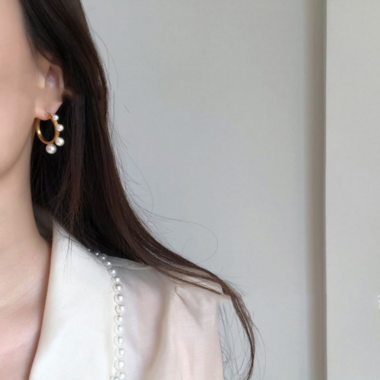 Bông Tai Khoen Tròn 4 Viên Ngọc Trai Titan Ko Han Rỉ TT 3862