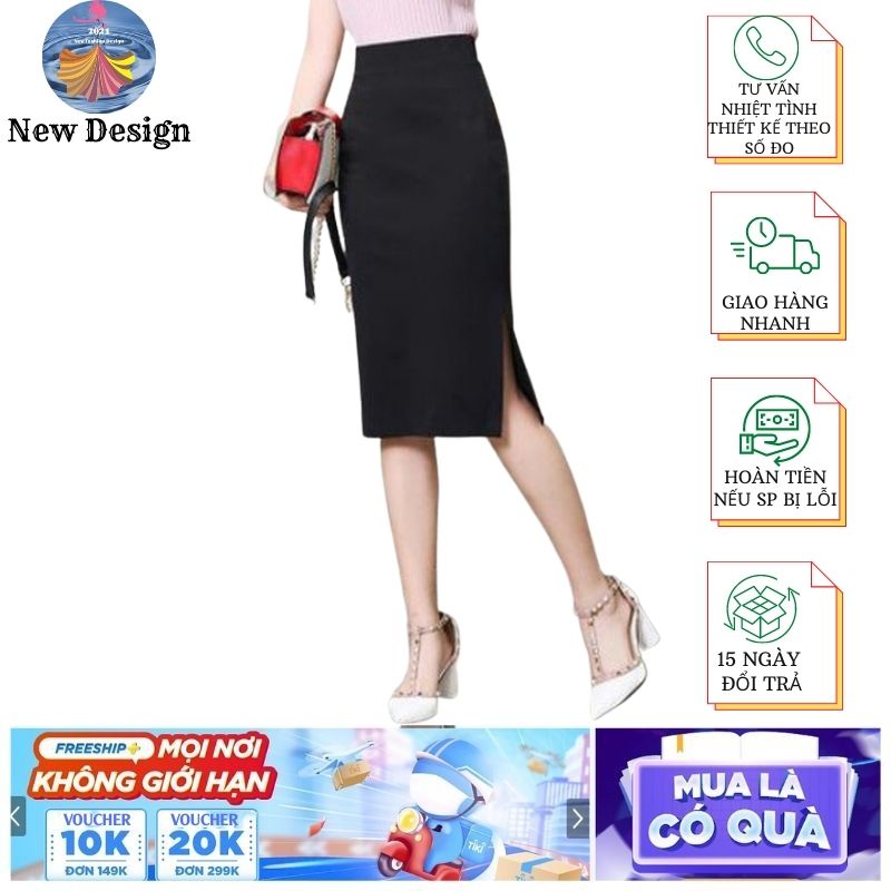 Chân váy bút chì công sở màu đen dài 60cm xẻ tà hong sang trọng vải kaki thun co giãn-New Design