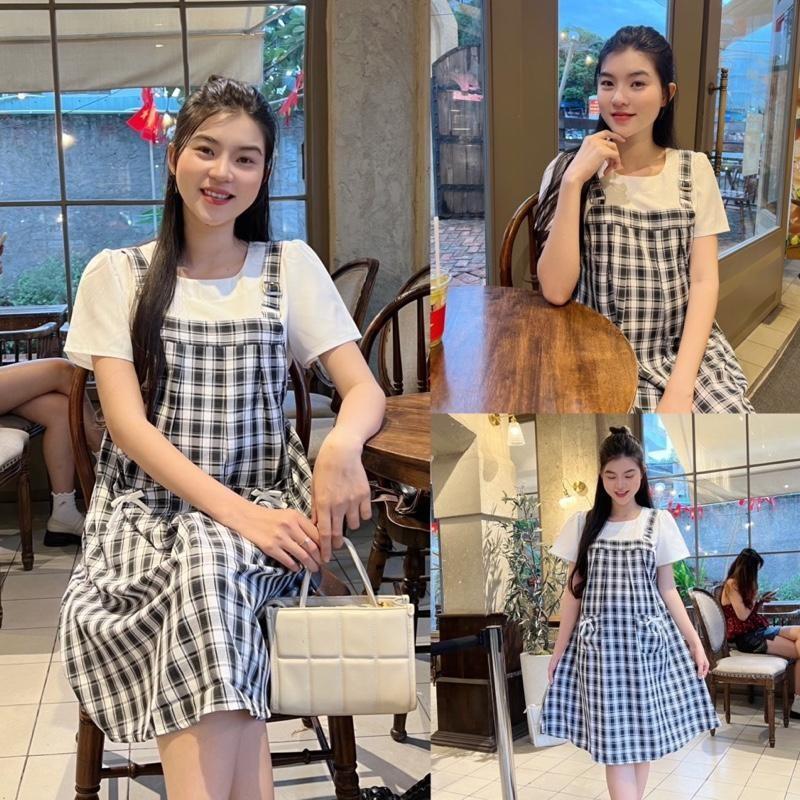 Đầm bầu yếm liền Karo phối túi dễ thương, xinh xắn chất cotton lụa Váy Bầu Năng Động - Đen