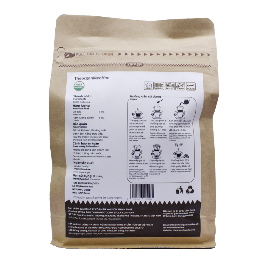 Cà phê Robusta hữu cơ rang mộc - dạng bột, 250g