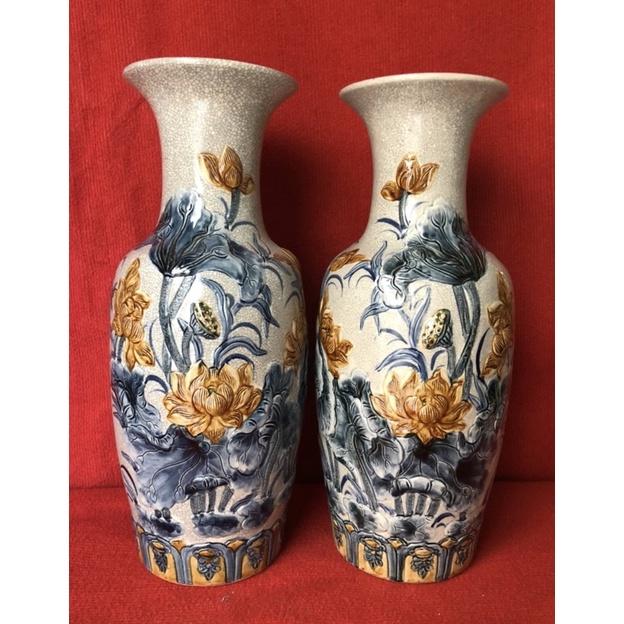 Set 2 lọ Lộc bình men rạn cổ, họa tiết đắp nổi thủ công” Rồng- Sen- Công đào”. Gốm sứ Bát Tràng cao cấp.