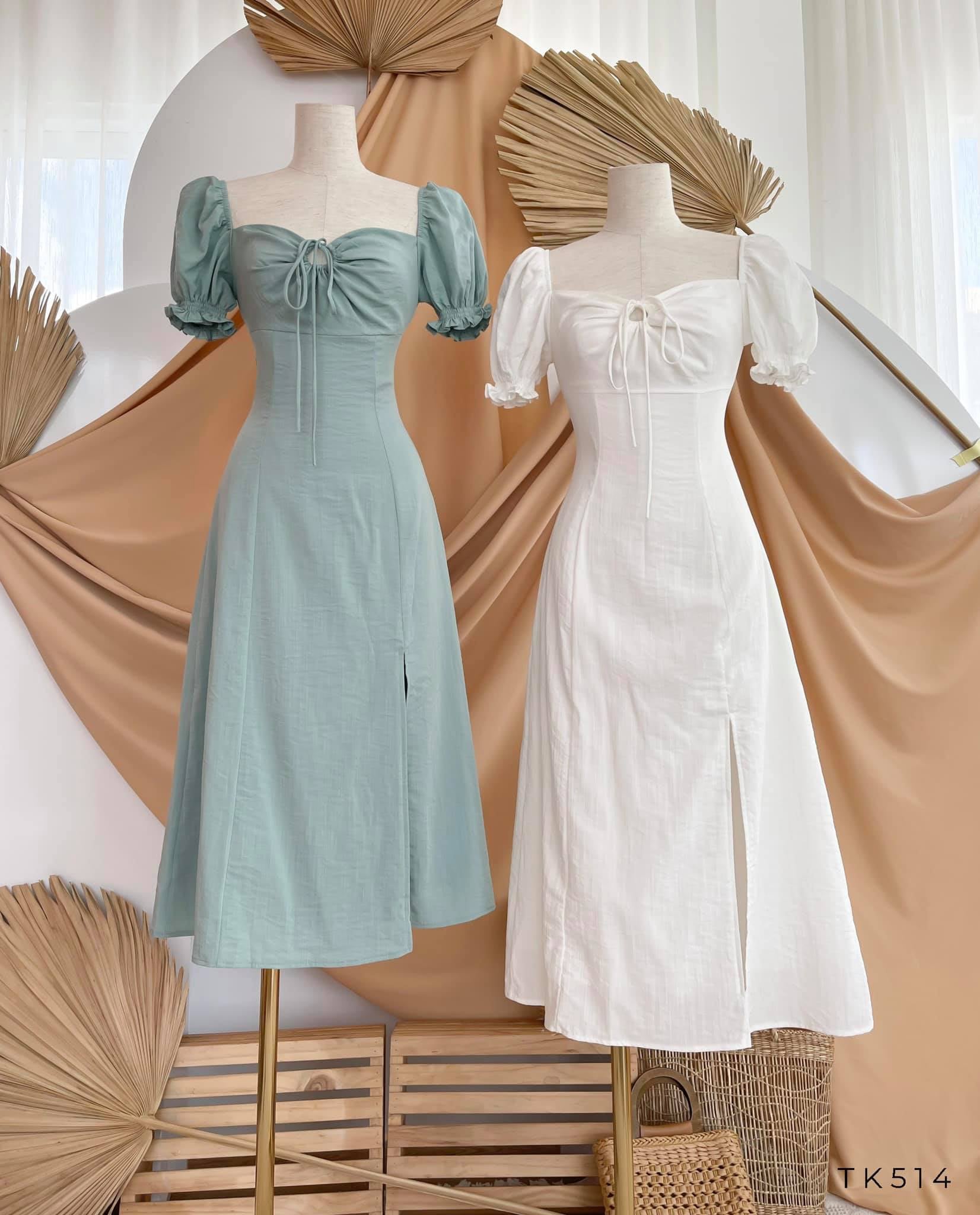 Đầm xòe xẻ tà tay phồng khoét ngực buộc dây có 3 màu