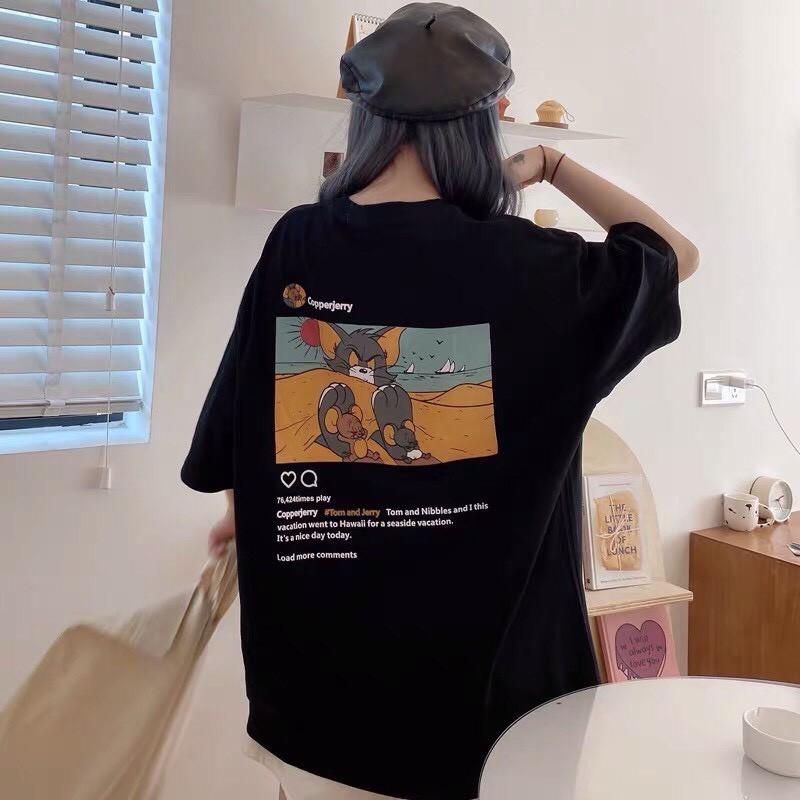 Áo Thun Mèo Tom Và Chuột 2 màu ĐEN, TRẮNG tay lỡ form rộng Unisex 38-65kg Nam Nữ