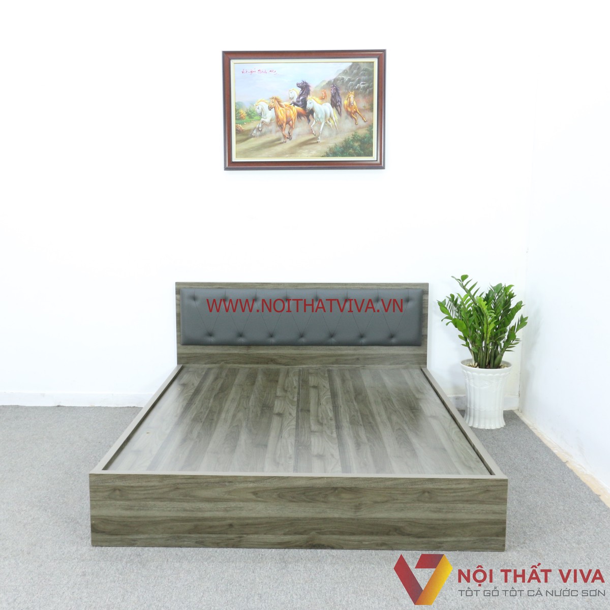 Giường Ngủ Gỗ MDF Melamine Màu Xanh Rêu Vân Gỗ Có Đầu Nệm Đen Cá Tính Đẹp