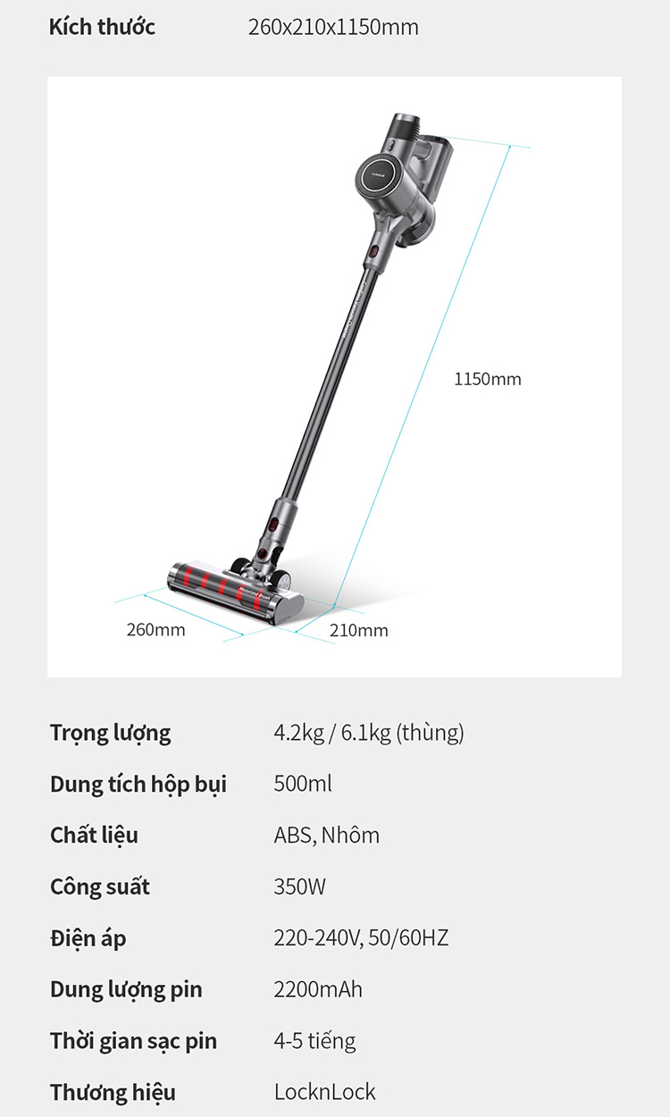 Máy hút bụi không dây Lock&amp;lock ENV356GRY đa năng cầm tay 3 trong 1 (lau sàn, hút bụi, hút bụi giường nệm), động cơ BLDC - Hàng chính hãng