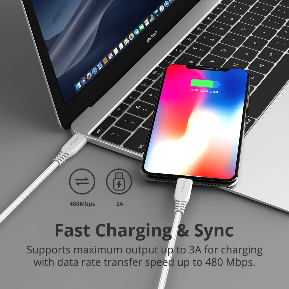 Cáp sạc USB-C sang Lightning nylon bện, hỗ trợ sạc nhanh PD cho các thiết bị iOS của bạn, bao gồm iPhone XS / XS Max / XR, iPhone X / 8/8 Plus Dài 1.2m Tronsmart - Hàng chính hãng