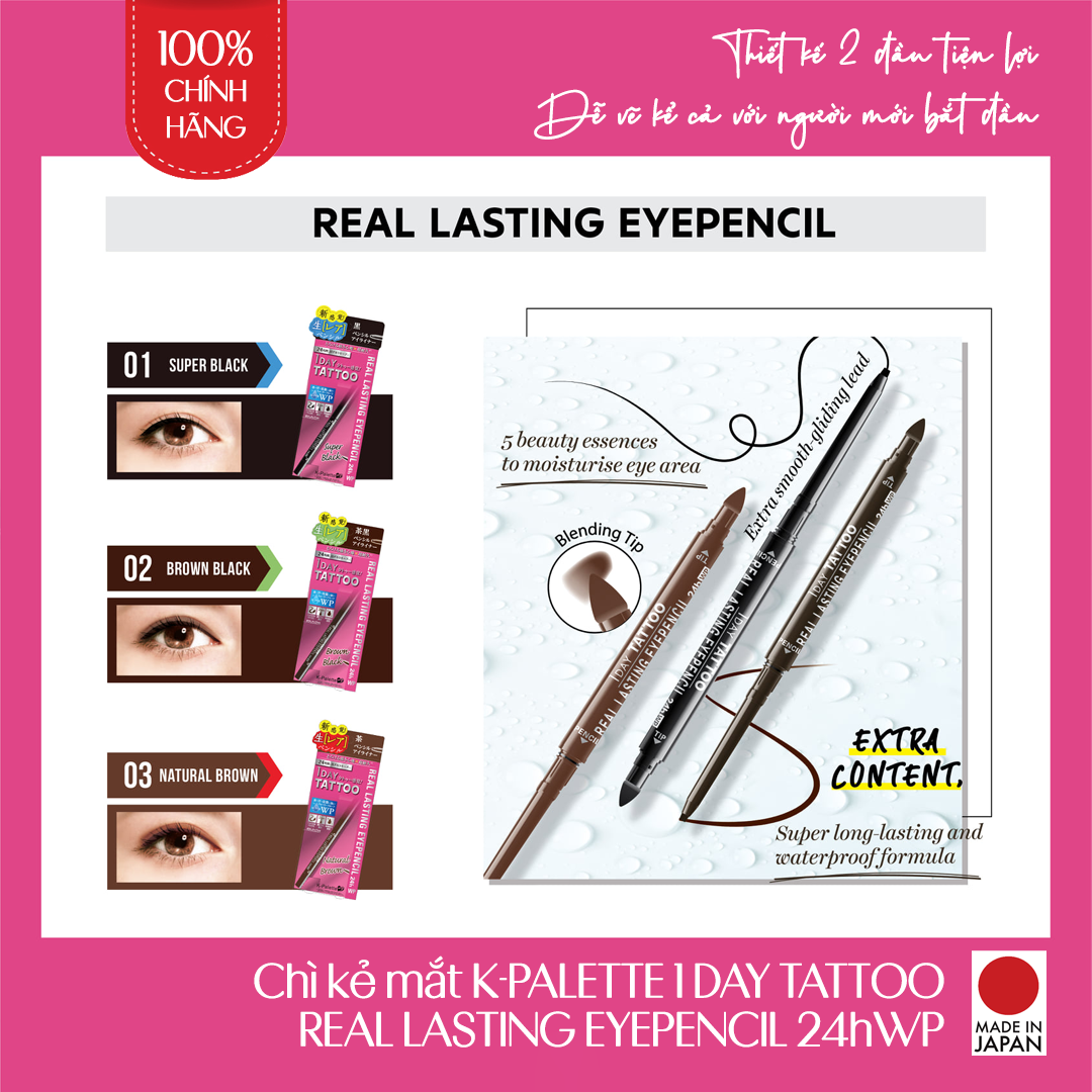 Bút Chì Kẻ Viền Mắt Nhật Bản K-Palette Eyepencil 24h WP, Lõi Mỏng 2mm, Mềm Mịn, Không Lem, Không Trôi, Bám Màu Cực Lâu