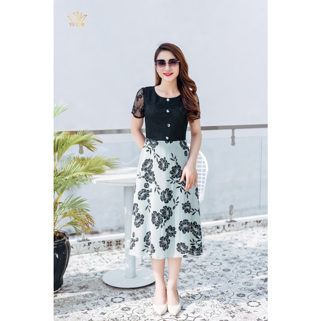 Đầm xoè thời trang trung niên TTV Store cổ tròn kết nút tay ngắn Xanh hoa đen TTV1175