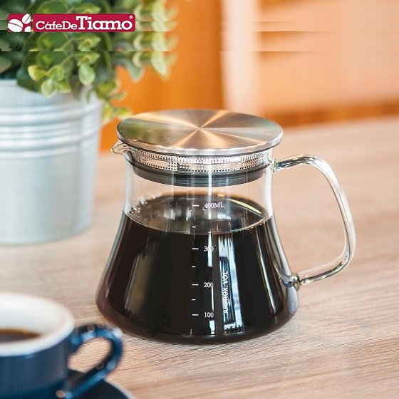 Bình pha cà phê thủy tinh chịu nhiệt Tiamo 400ml nắp inox