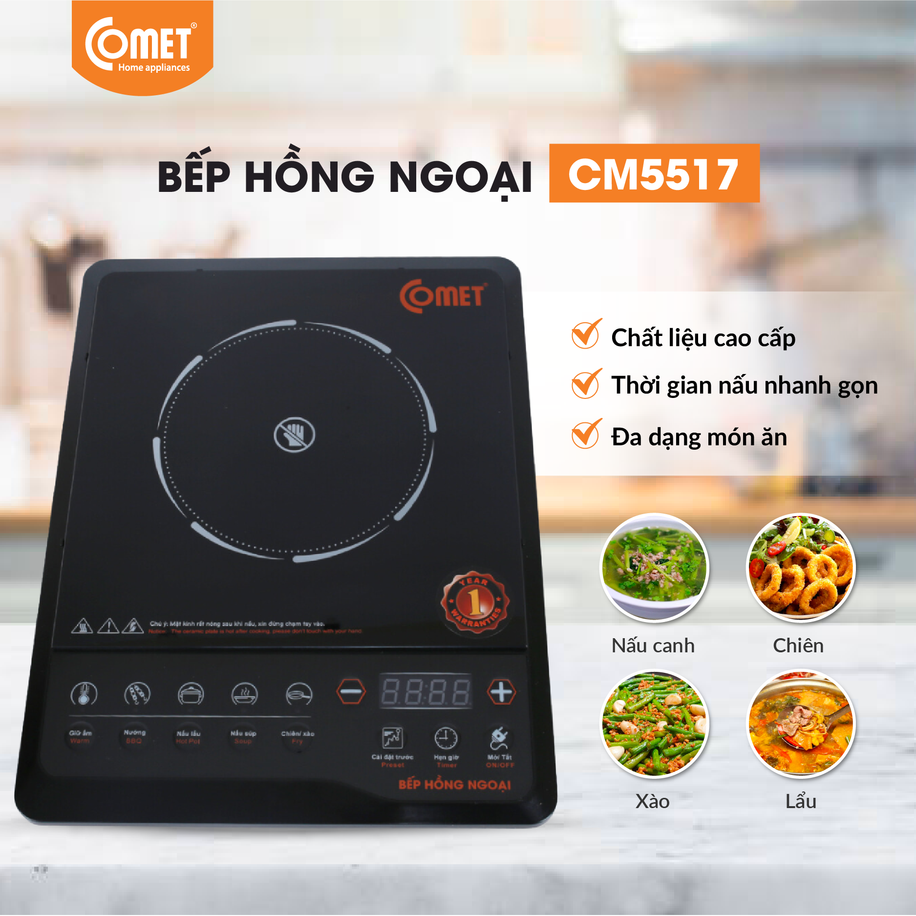 Bếp hồng ngoại Comet CM5517 – công suất 2000W, mặt kính chịu lực, đa chế độ nấu – Hàng chính hãng, bảo hành 12 tháng