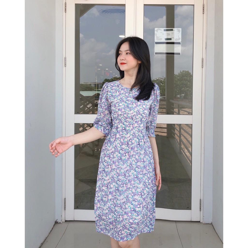 ĐẦM HOA LỤA 2 LỚP CỔ TRÒN TAY LỠ DÁNG XÒE CÓ DÂY CỘT PHẦN EO PHÍA SAU-hình thật shop chụp