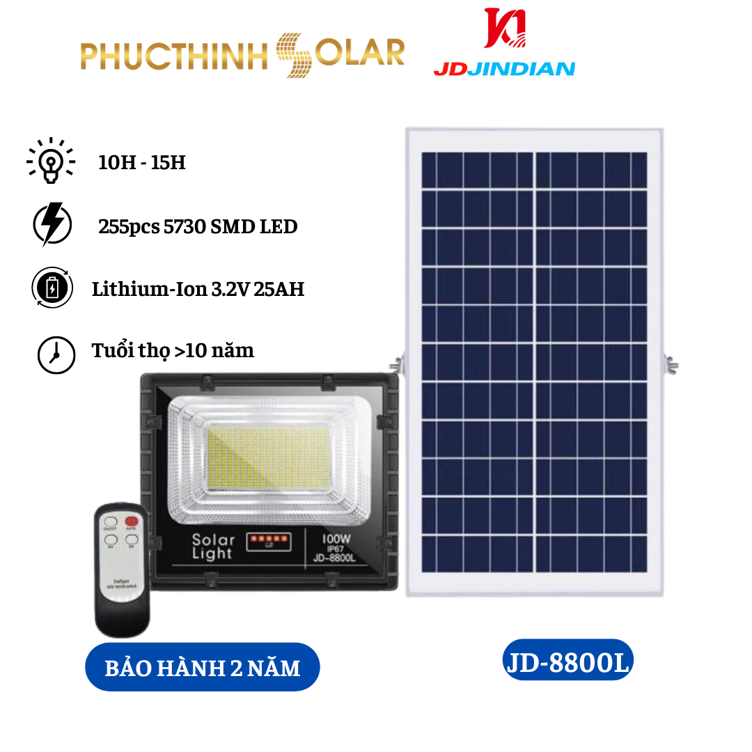 Đèn Năng Lượng Mặt Trời 100W Jindian JD-8800L Đèn Pha Led Cảm Biến Ánh Sáng, Có Điều Khiển Thông Minh | Phúc Thịnh Solar