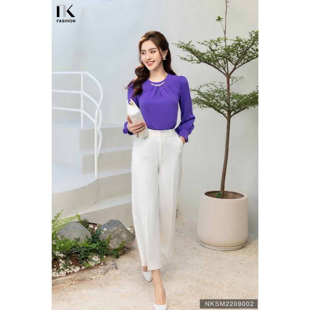 Áo Sơ Mi Công Sở Dài Tay Cổ Đính Dây Ngọc NK FASHION Chất Vải Lụa Hàn Cao Cấp, Mềm Mại NKSM2209002