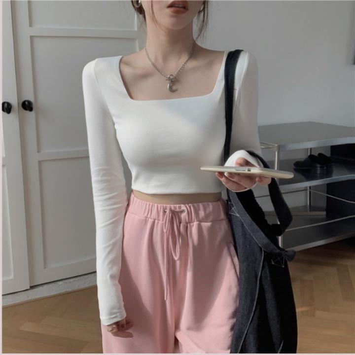 Áo Croptop Tay Dài Cổ Vuông Màu Trơn Co Giãn Phong Cách Hàn Quốc Màu Đen Trắng CR01