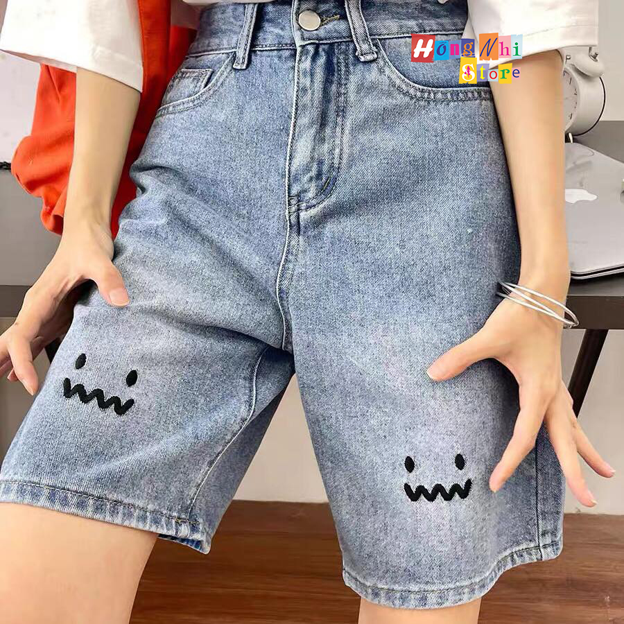 Quần Short Jean Ngố Đùi Thêu Mặt Cười Cạp Cao Ống Rộng Ulzzang - MM