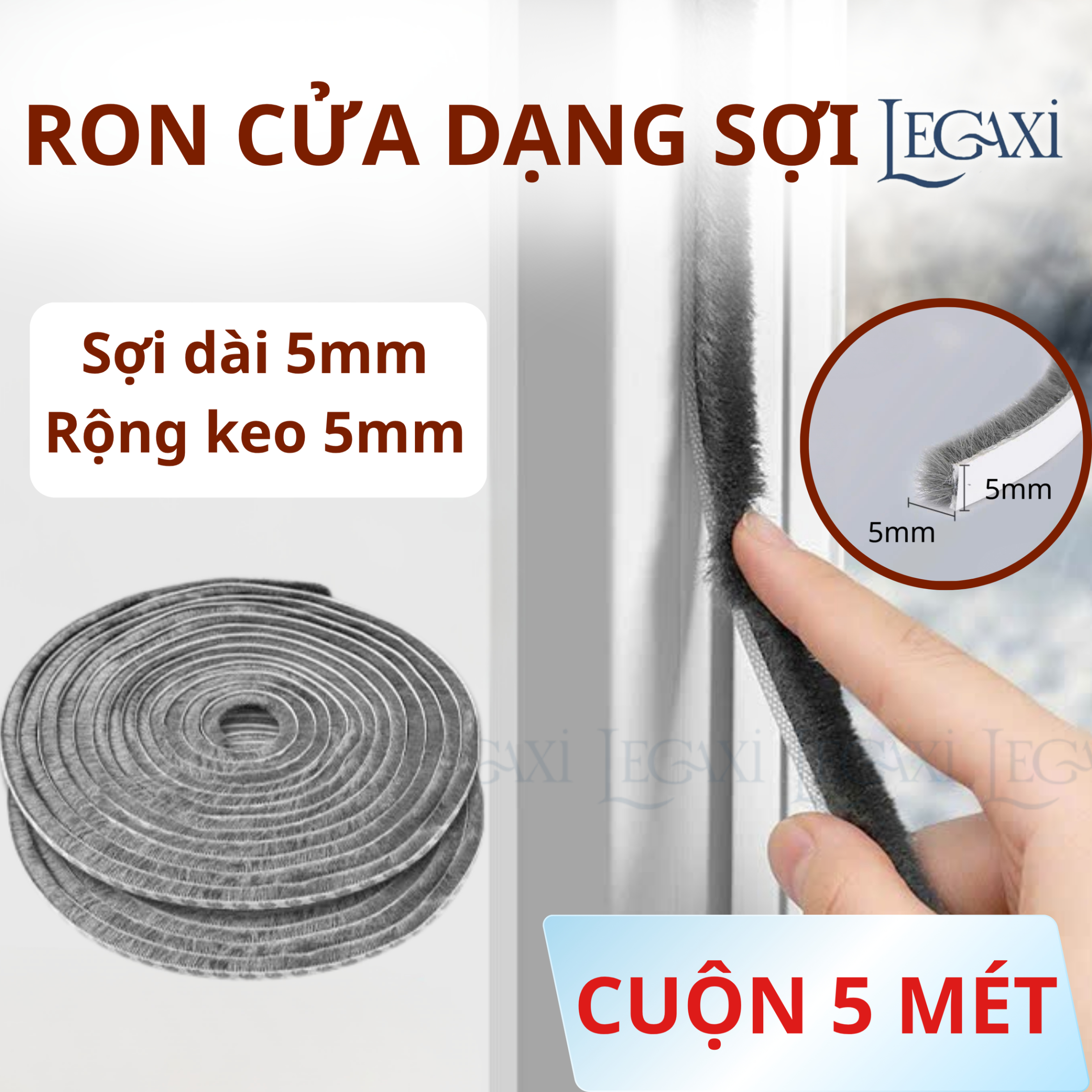 5 Mét Ron Lông nheo 5x5mm Dán Khe Hở Khung Cửa Gioăng dán cửa sợi lông Ron Lông Dán Cửa Gỗ Giảm Chấn