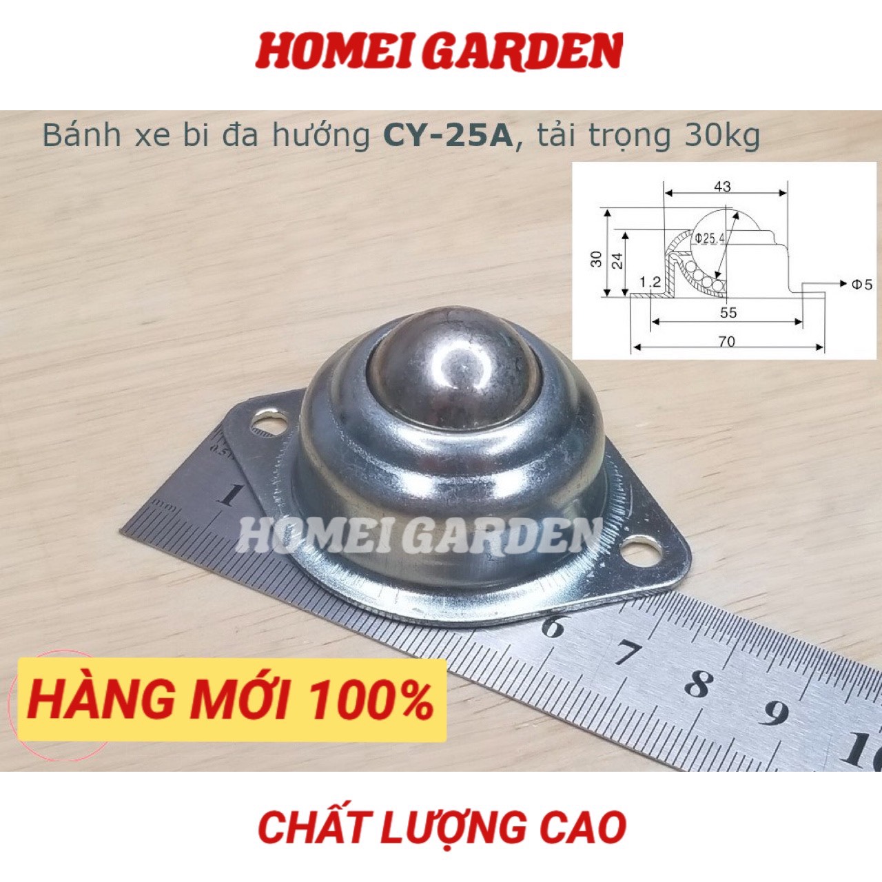 Bánh xe dẫn động đa hướng bi tròn thép, CY-25A tải 30kg chất lượng cao - HM0069