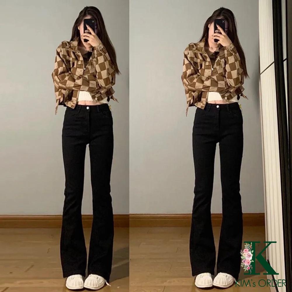 Quần Jeans Nữ Màu Nâu Đen Ống Loe Lưng Cao Cạp 1 Cúc Chất Jean Kaki Loại 1 Lên Phom Style Hàn Quốc, Tặng Dây Tóc