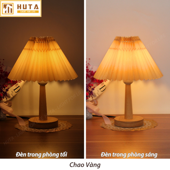 Đèn Ngủ Để Bàn HUTA G5 Gỗ Chao Xếp Ly Vintage Dễ Thương, Decor Trang Trí Phòng Ngủ, Đọc Sách Đầu Giường, Điều Chỉnh Độ Sáng, Đèn Vàng Bóng LED Tiết Kiệm Điện