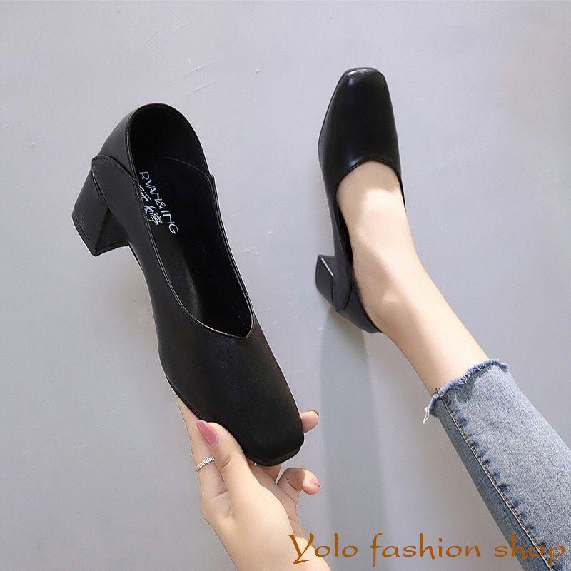 Giày cao gót nữ da mềm gót vuông dẫm gót 5cm hàng Quảng Châu cao cấp-CC07