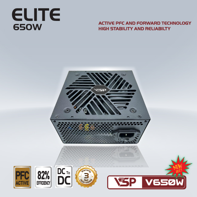 Nguồn VSP Elite V650W Dual Cpu Cable, Active PF - HT- HÀNG CHÍNH HÃNG