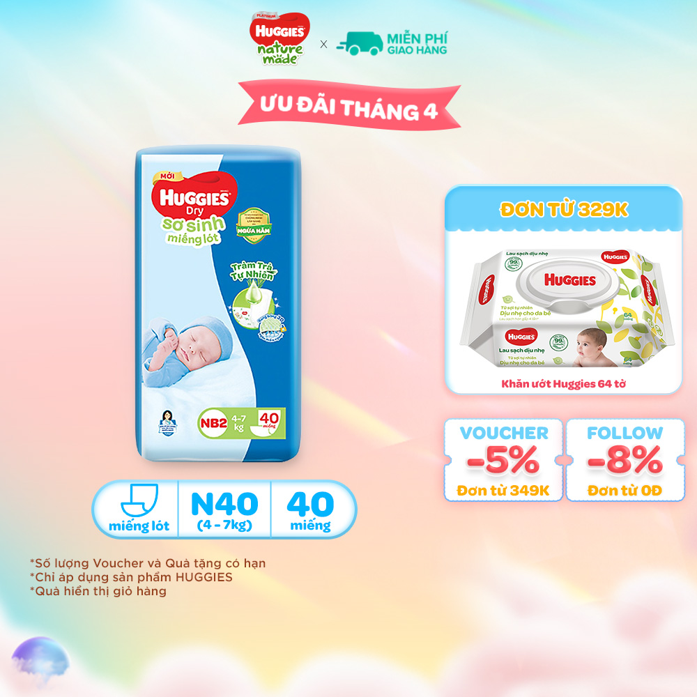 Miếng lót sơ sinh Huggies Tràm Trà Newborn 2 (4-7kg) - N40 Gói 40 miếng và N60 - Gói 60 miếng