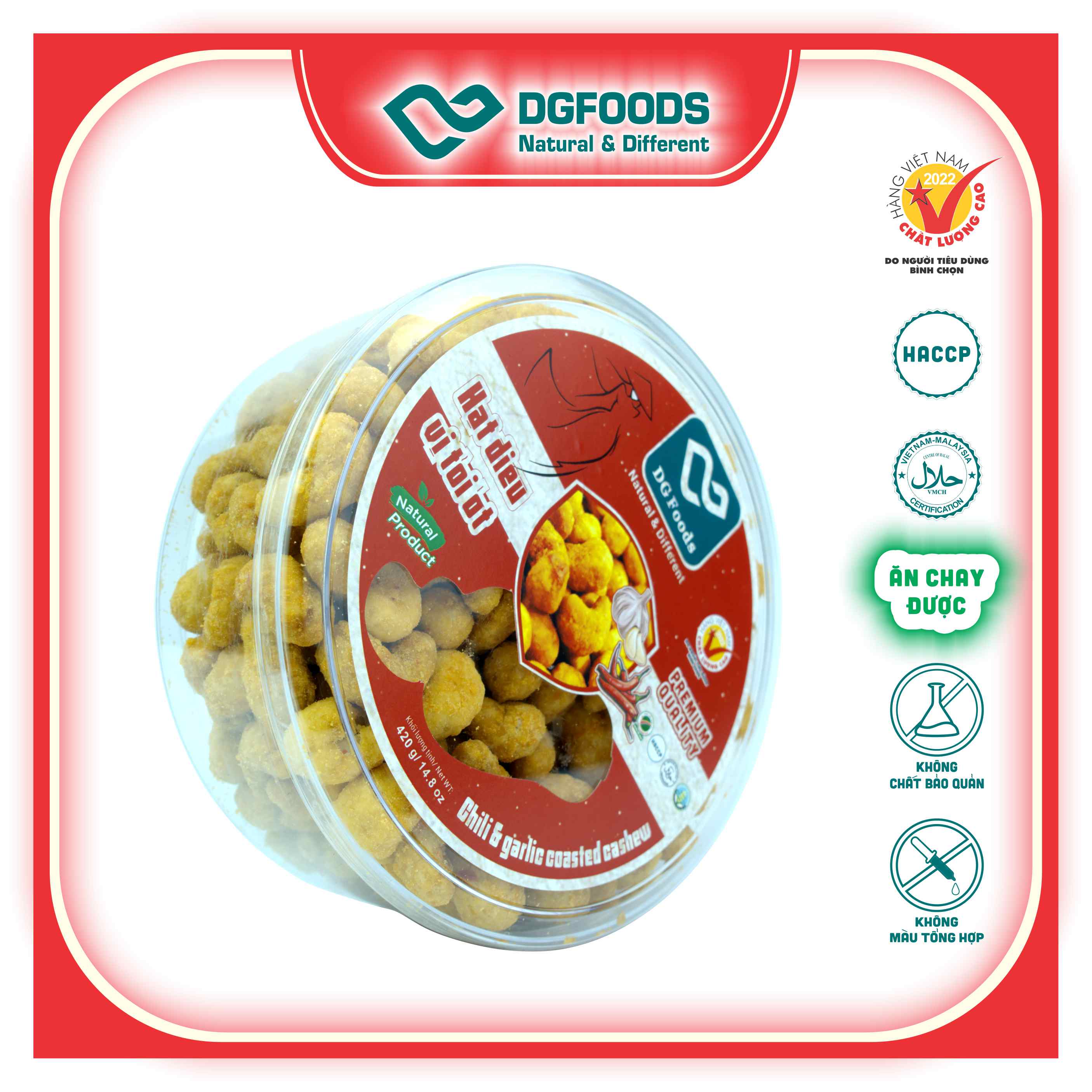 Hạt Điều vị Tỏi Ớt Dgfoods 420g/hộp trònl, HVNCLC, Haccp, Halal, Ăn chay, Ăn kiêng, Đặc sản Cần Thơ, hạt điều Bình Phước, hạt dinh dưỡng, quà Tết, hàng Tết, quà tặng, quà tặng cao cấp