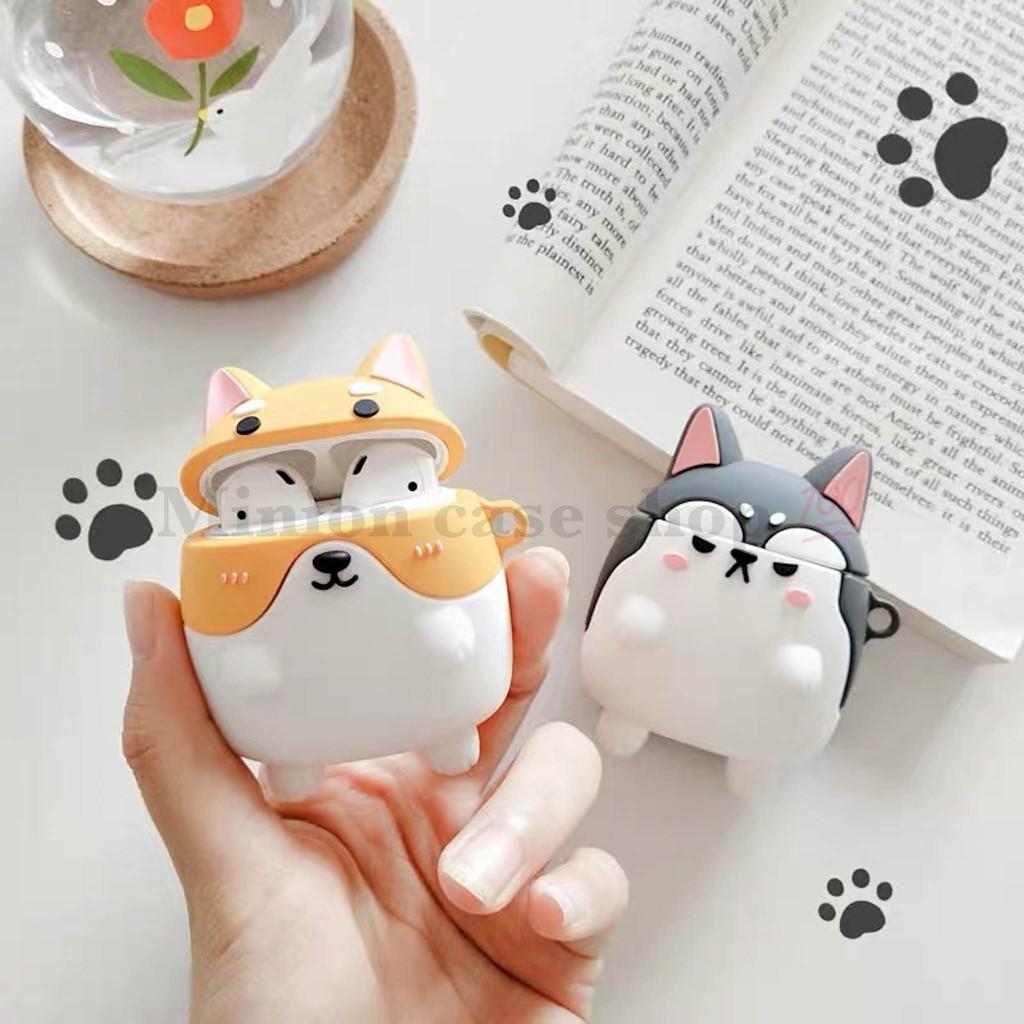 Bao Case Ốp dành cho Airpods 1/2 &amp; Airpods Pro chó shiba &amp; husky silicon 3D cao cấp