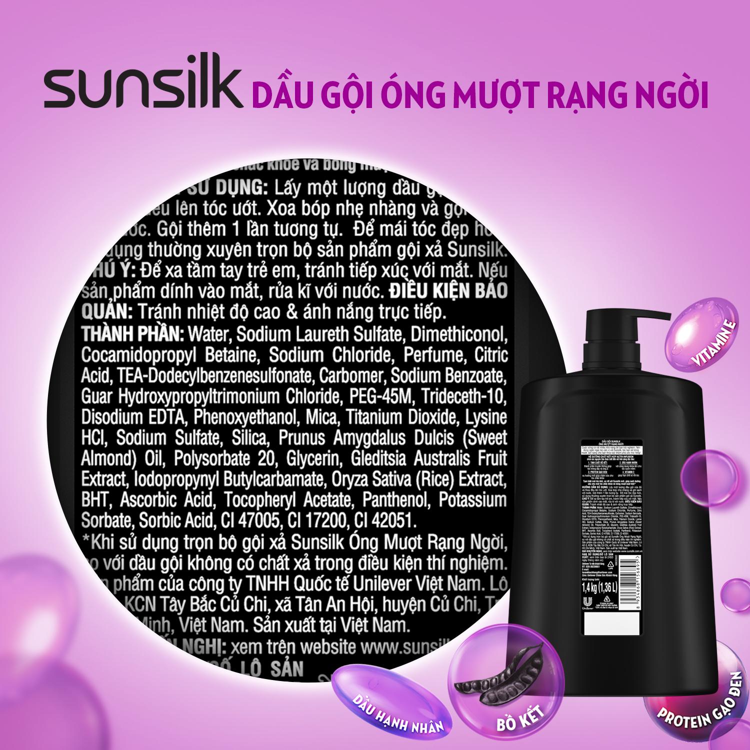 Dầu gội Sunsilk Óng Mượt Rạng Ngời 1.4kg giúp tóc chắc khoẻ, bóng mượt với Bồ Kết, dầu Hạnh Nhân, Protein Gạo Đen và Vitamin E