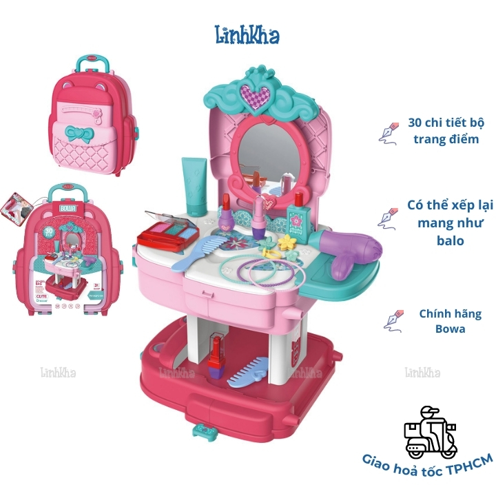 Đồ Chơi Trang Điểm Cho Bé Gái 30 Chi tiết Có Thể Xếp Lại Dễ Dàng Thành Balo - Cute Dresser School Bag Bowa 8255P