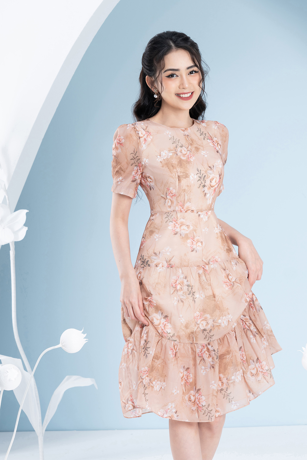 Đầm Maxi Tơ Hoa Luperi LFV3289 xếp tầng dài qua gối may 2 lớp lót tinh tế