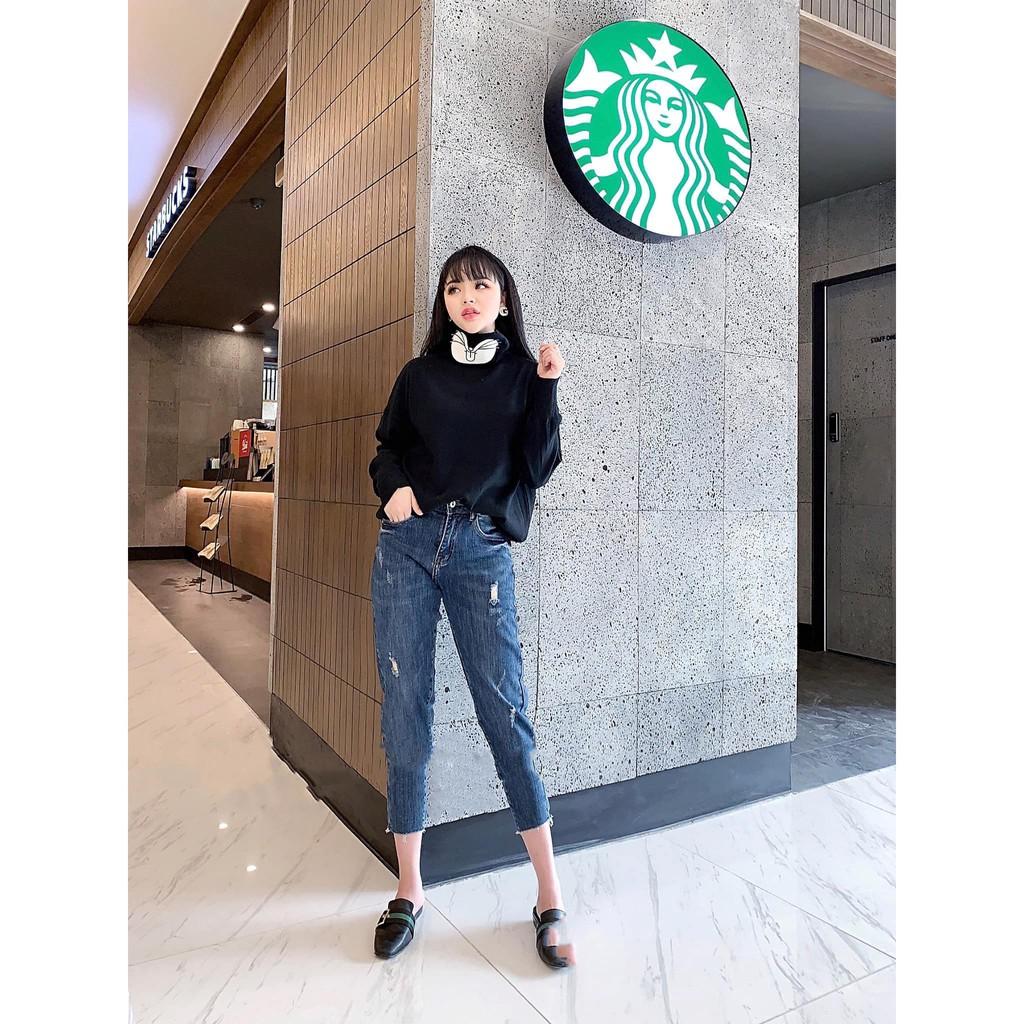 Quần jean nữ BIGSIZE skinny 9 tấc lưng cao co dãn mạnh màu xanh đậm rách nhẹ 2552