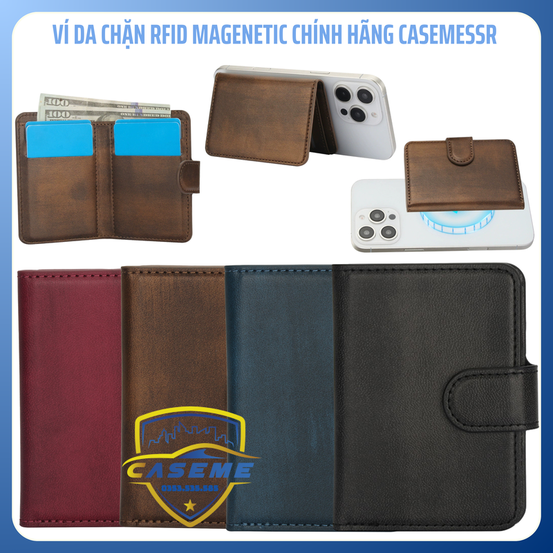 Ví Caseme Mag Safe chặn RFID da PU cao cấp có chân đỡ cho điện thoại - Hàng Chính Hãng