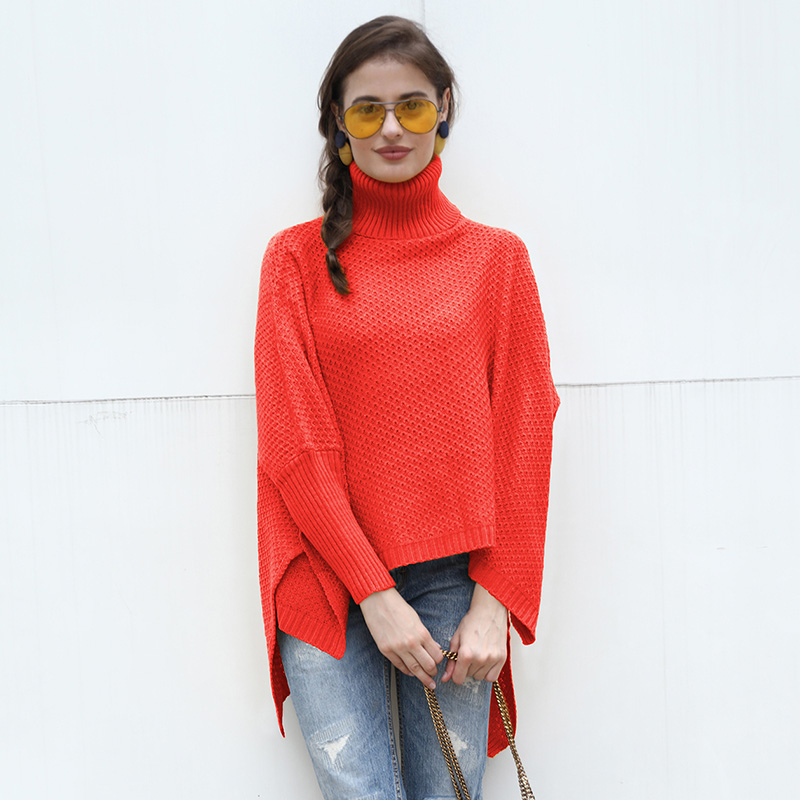 Fashion Women Knitted Sweater Turtleneck Long Sleeve Split Irregular Solid Loose Jumper Pullover Knitwear