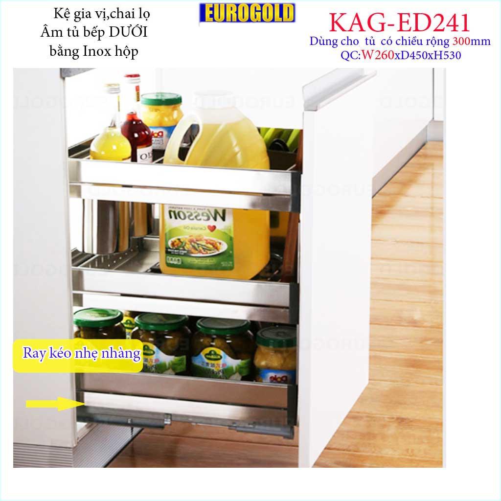 Kệ Gia vị Inox hộp 3 tầng đa năng, kệ hũ đựng chai lọ Eurogold, kệ để gia vị ray giảm chấn âm tủ bếp 30cm-35cm-40cm