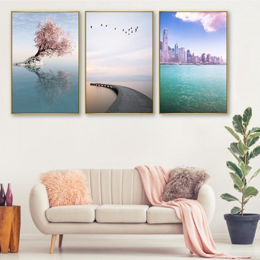 Bộ 3 Tranh canvas giá xưởng- tranh treo tường chủ đề phong cảnh kèm khung cao cấp- tặng kèm đinh đa năng treo