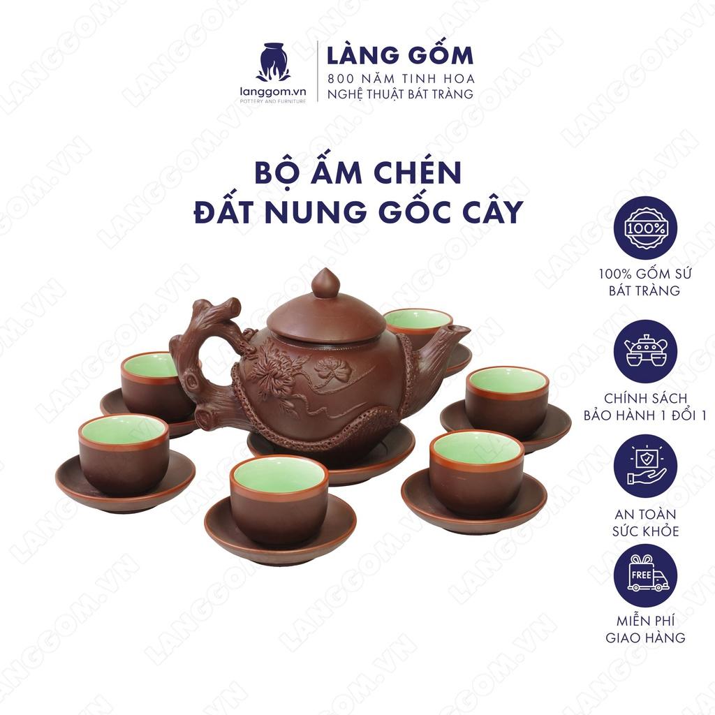 Bộ ấm chén đất nung gốc cây + đĩa tách - Men mộc - Gốm sứ Bát Tràng - langgom.vn