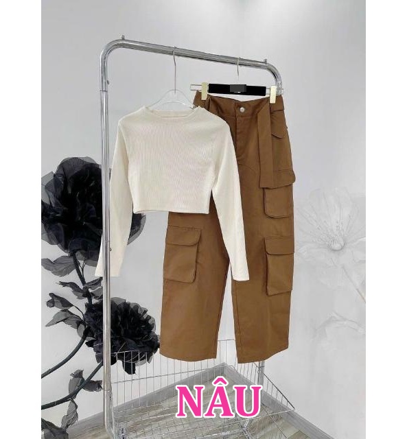 SET QUẦN DÀI TÚI HỘP ỐNG RỘNG LƯNG CAO + ÁO THUN CROPTOP BASIC CƠ BẢN TAY DÀI ÔM BODY ĐI CHƠI DẠO PHỐ ĐI BIỂN