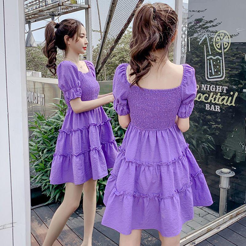 DIYIWEI Phụ nữ mùa hè 2023 Square Neck Pleated Bubble Sleeve Thu hẹp eo Khoai tây tím Vintage Pháp Orange Terrier Dress