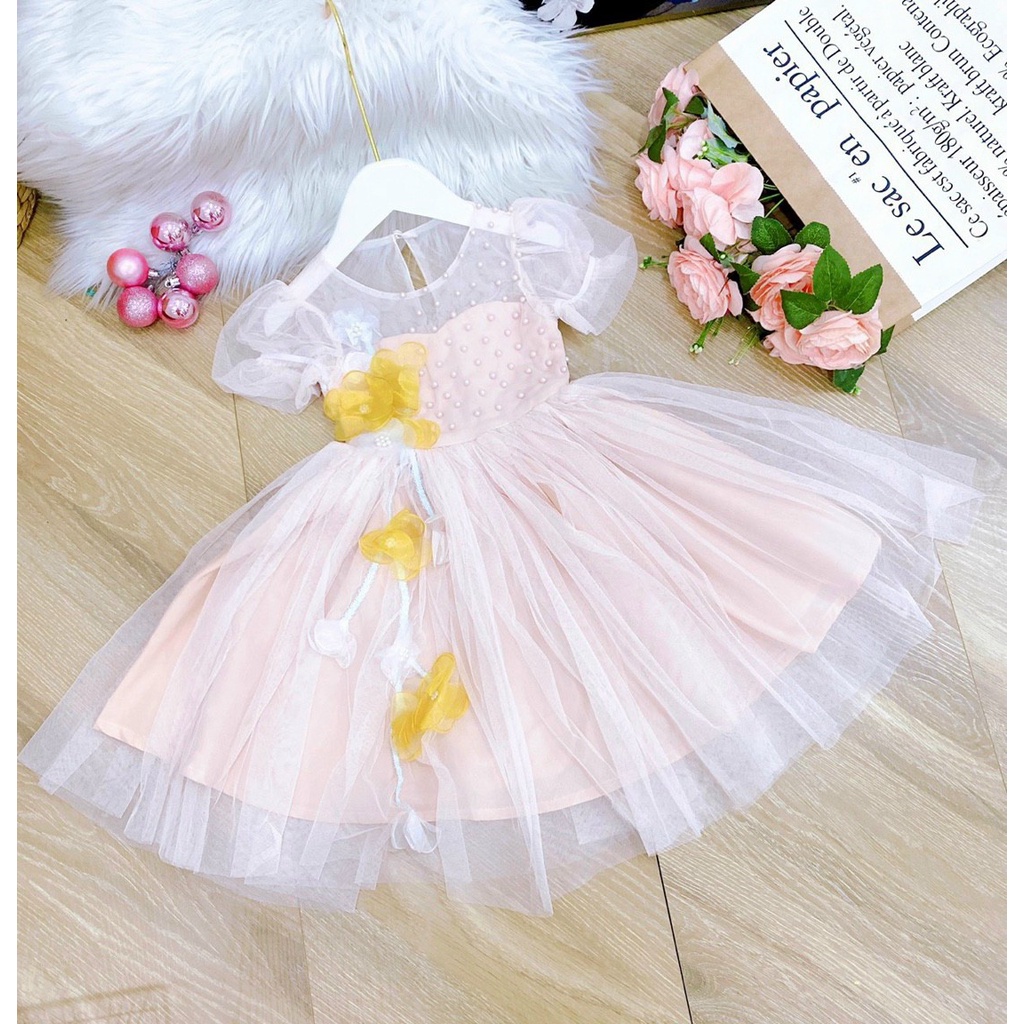 Đầm voan công chúa đính hoa cho bé gái dự tiệc diện tết đẹp size 12-35kg hàng thiết kế cao cấp