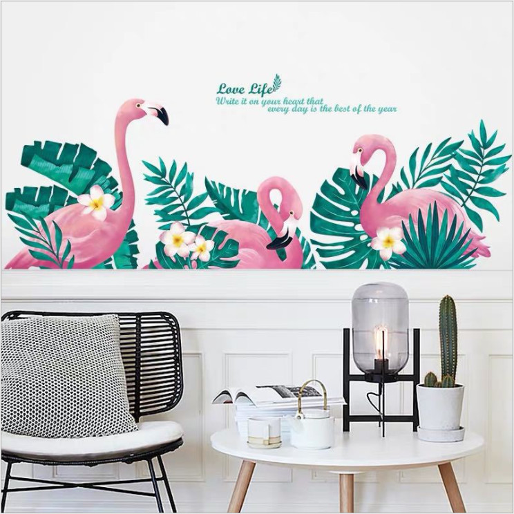 Decal dán tường 3D phong cách Hàn Quốc Hạc hồng và lá xanh, decan cao cấp có keo sẵn