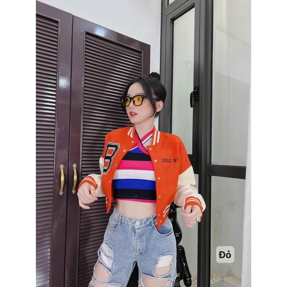 Áo khoác bomber croptop Chữ B nữ dáng lửng Cam Phối tay trắng rộng bấm cúc sexy hàn quốc