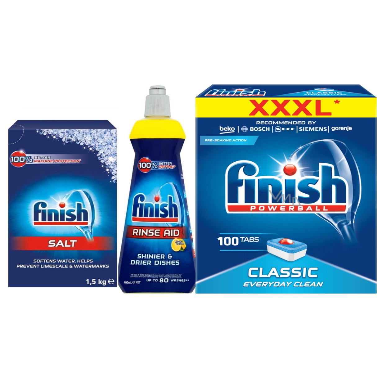 Combo Viên rửa bát Finish classic 100V + Muối Finish 1.5kg + Nước làm bóng Finish 400ml